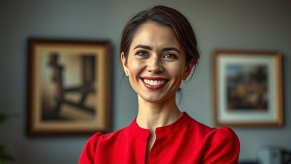 Confident woman in med spa setting discussing social media strategy.