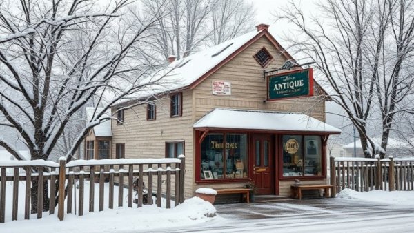 Charming winter scene at Wayne Pratt Antiques on the Connecticut Christmas Movie Trail.