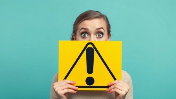 Surprised woman with a yellow warning sign.