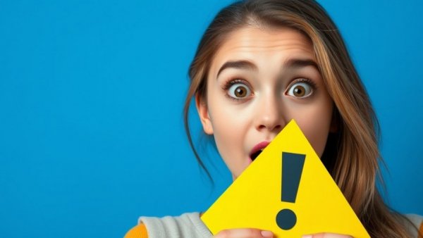 Surprised woman holding yellow exclamation sign, Noindex JavaScript SEO alert.