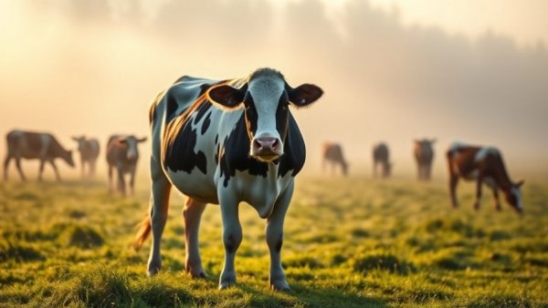Holstein cow on dewy pasture during sunrise, HPAI in Dairy Cattle.