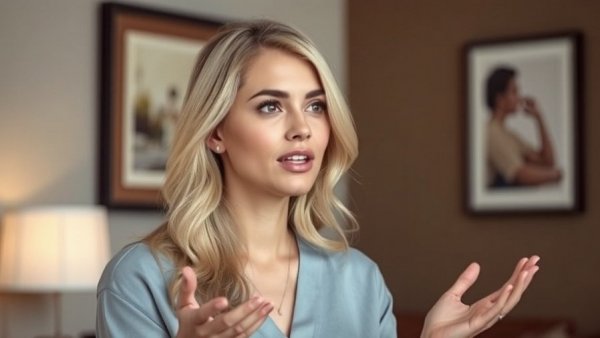 Blonde woman discussing med spa membership model indoors with art in background.