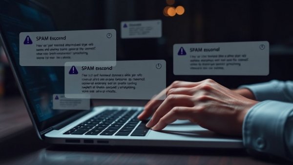 Hands typing with email spam overlay illustrating Google spam problem.