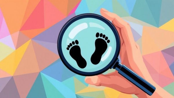 Illustration of magnifying glass with footprints symbolizing tracking user journey in GA4.