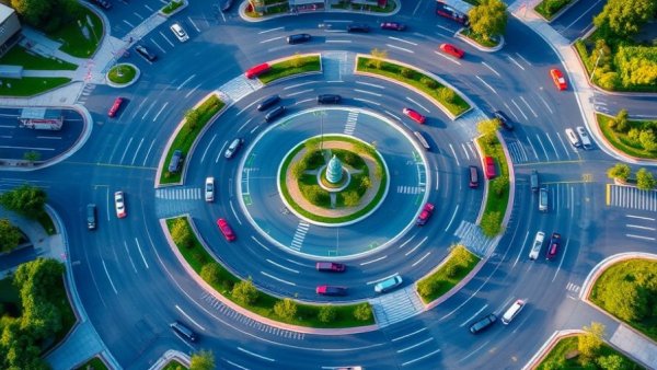 Aerial view of a vibrant roundabout for roundabouts traffic intersection safety.