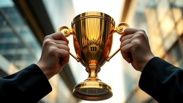Hands holding a golden trophy in celebration with soft sunlight reflection.