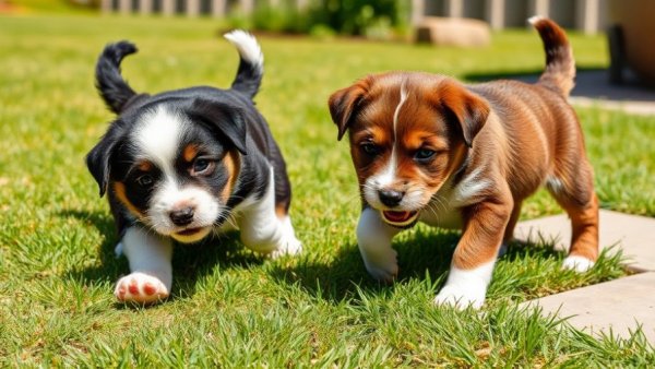 Playful puppies outdoors related to canine parvovirus preventative approval.
