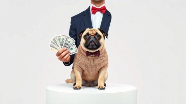A surprised man in a suit holds money beside a dressed pug, implying veterinary healthcare pricing complaints.