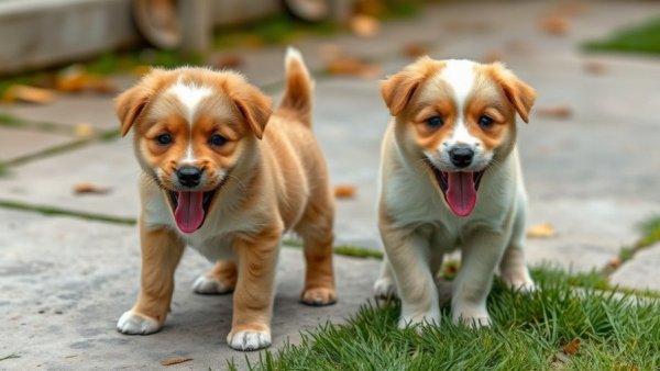 Adorable puppies playing in a yard, related to canine parvovirus monoclonal antibody treatment.