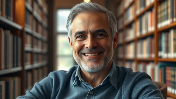 Portrait of a smiling man in a library for juvenile justice diversion programs.