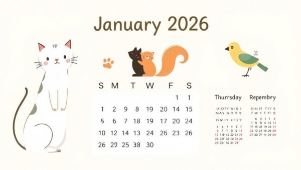 January pet-related calendar for 2026 with cute animal icons.