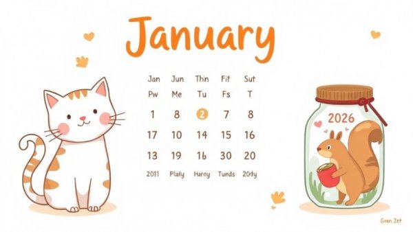 January pet calendar 2026 with cute animal illustrations.