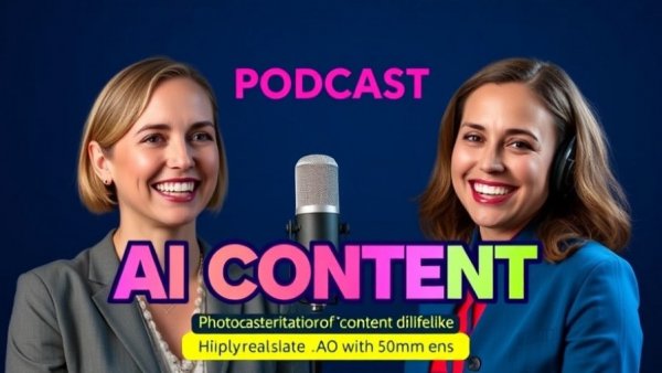 Provenance in AI content creation: podcast with two smiling women, vibrant design.