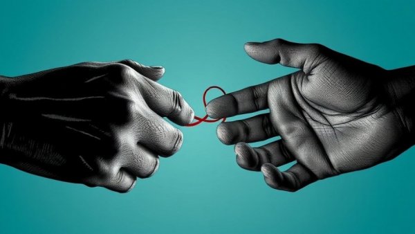 Stylized hands connected by red thread; SEO and GEO dynamics in veterinary marketing.