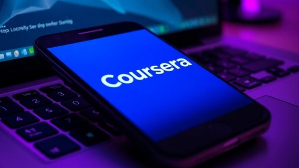 Coursera logo on smartphone, purple-hued background.