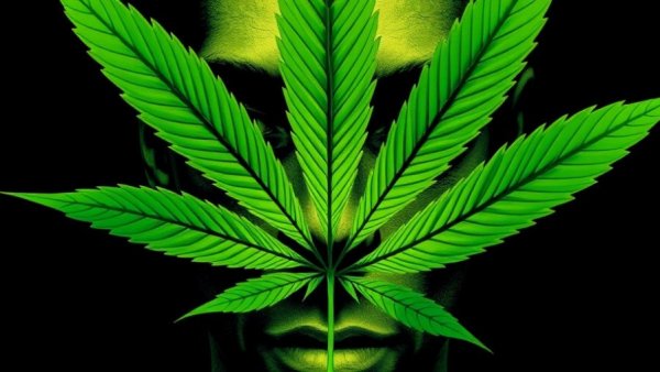 Abstract artistic image of face within cannabis leaf, federal cannabis rescheduling