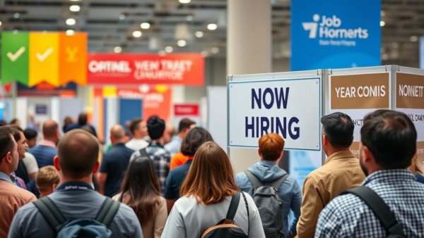 Crowd at job fair booth with 'Now Hiring' sign, weaker job market.