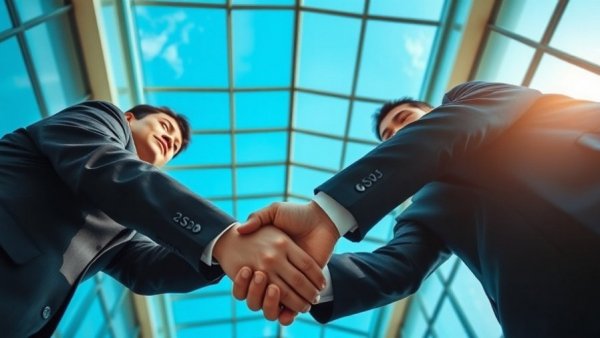 Business professionals handshake under glass ceiling, blue sky background.