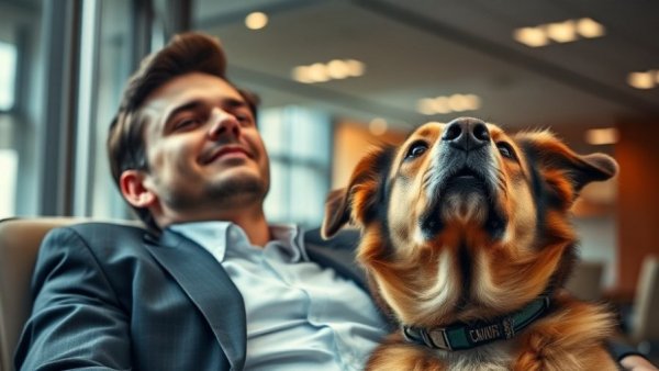 Man with dog in office setting, highlighting comfort and companionship.