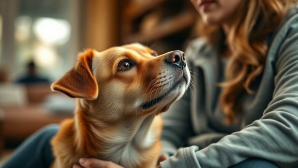 Gentle brown dog looking up for fast itch relief in clinic.