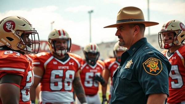 Trooper interacts with players at Texas A&M game incident, daylight.