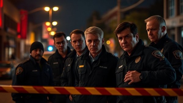 Law enforcement officers at night crime scene with caution tape.