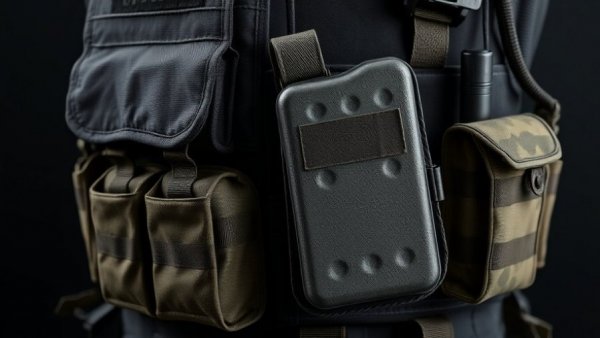 Close-up of tactical police vest and holster highlighting safety.