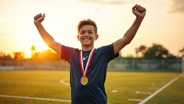 Child celebrating victory in sports, wearing a medal, on a sunny soccer field.