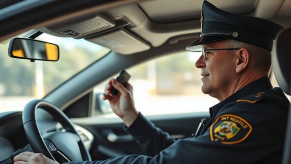 Focused police officer communicating in patrol car - officer retention.