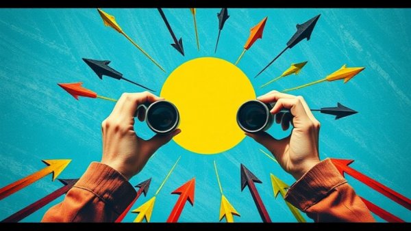 Digital marketing trends exploration with collage of binoculars and arrows.