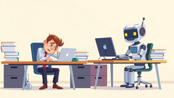Illustration showing AI burnout in recruitment with tired employee and efficient robot.