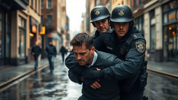 Police officer securing suspect for safety during hostage rescue.