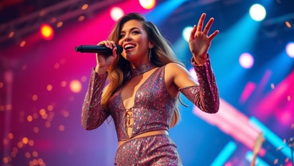 Female singer performing on stage, conveying stress relief through music.