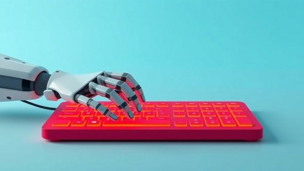 Futuristic robotic hand and human typing on bright red keyboard.