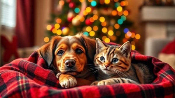 Rise in pet emergencies during holidays with festive dog and cat.