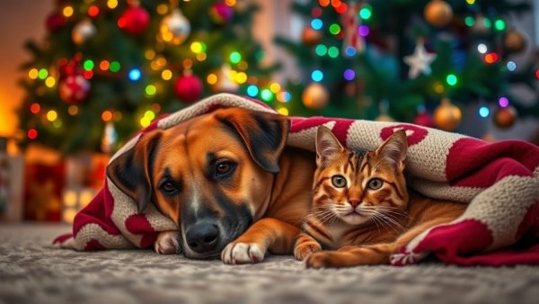 Dog and cat under blanket by Christmas tree; rise in pet emergencies during holidays.