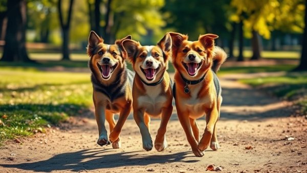 Three playful dogs walking together in a sunlit park for Credelio Quattro.