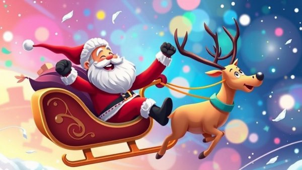 Track Santa Christmas Eve 2025: Santa in sleigh with reindeer, vibrant art.