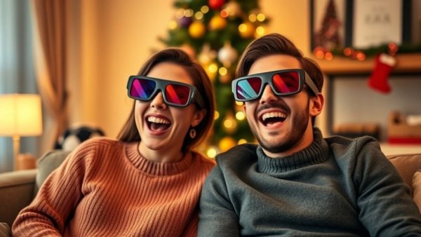 Emotionally engaging holiday ad 2025: joyful couple with 3D glasses and Christmas tree.