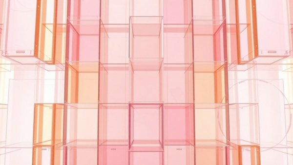Translucent cylinders and panels in pink and gold, geometric pattern, after-click abyss.