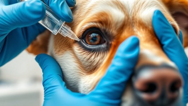 Dog receiving eye drops in a veterinary clinic for senior pet ophthalmology.