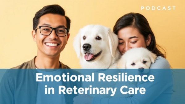 Podcast on emotional armor in veterinary medicine with a smiling duo and a dog.