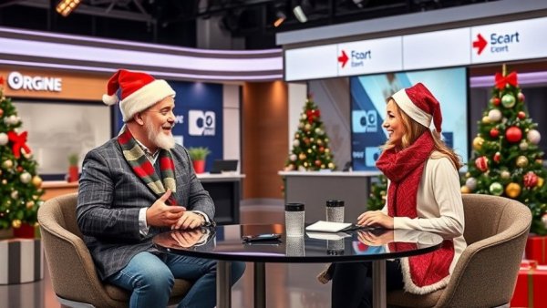 Festive hosts on a holiday-themed live show in a modern studio.