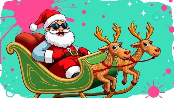 Jolly Santa sleigh ride with reindeer in a retro cartoon style.