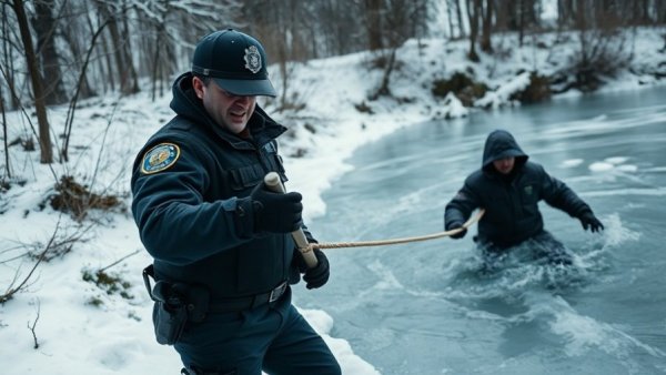 Police officer rescuing person from icy pond for police news.