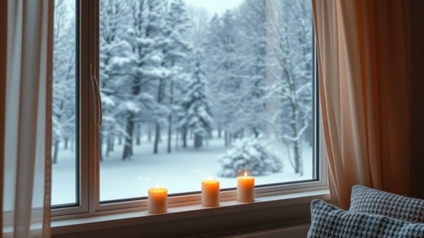 Cozy winter window scene with candles and snowy forest.