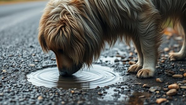 Wet dog drinking from puddle, highlighting leptospirosis risk.