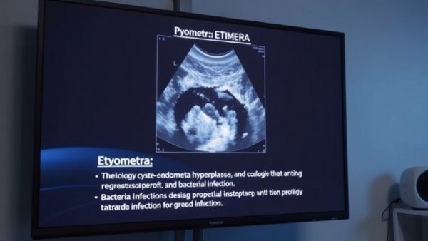 Pyometra clinical presentation slide with ultrasound and etiology details.