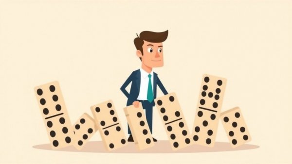 Businessman stopping dominoes, symbolizing veterinary clinic longevity