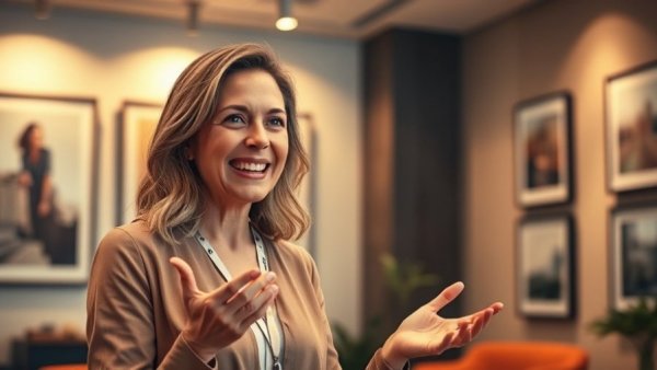 Smiling woman discusses retention rate in a modern office.